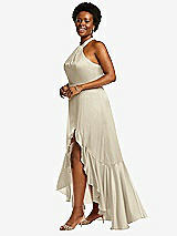 Side View Thumbnail - Champagne Tie-Neck Halter Maxi Dress with Asymmetric Cascade Ruffle Skirt