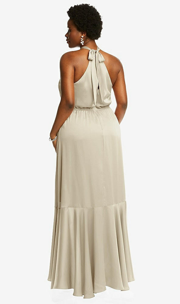 Back View - Champagne Tie-Neck Halter Maxi Dress with Asymmetric Cascade Ruffle Skirt