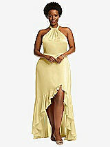 Alt View 4 Thumbnail - Pale Yellow Tie-Neck Halter Maxi Dress with Asymmetric Cascade Ruffle Skirt