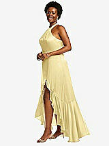 Side View Thumbnail - Pale Yellow Tie-Neck Halter Maxi Dress with Asymmetric Cascade Ruffle Skirt