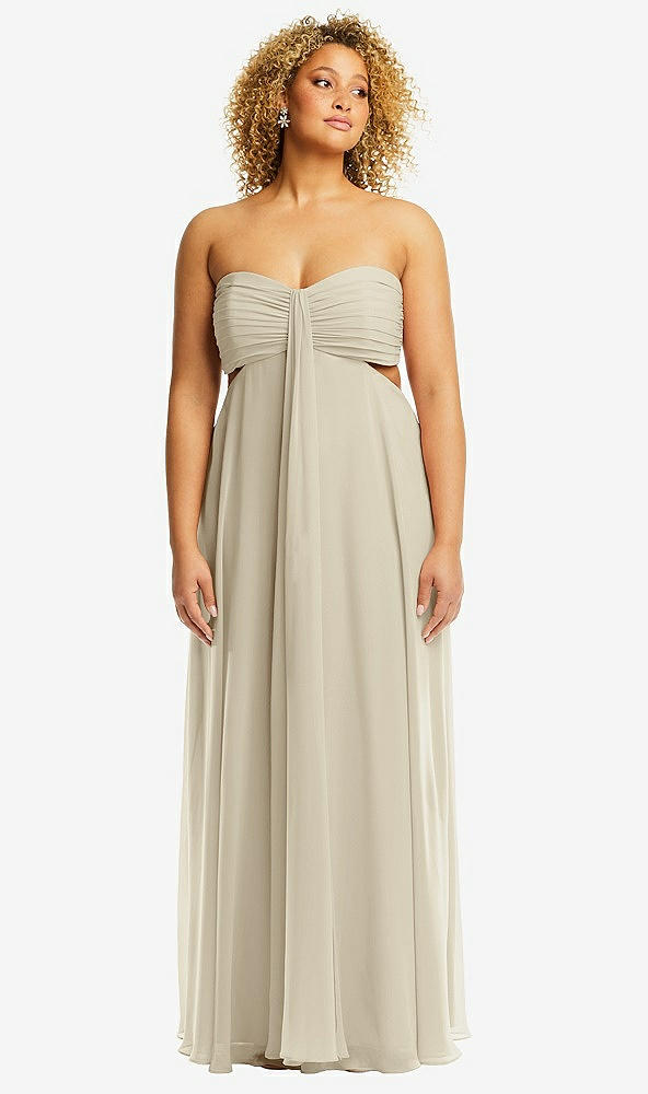 Front View - Champagne Strapless Empire Waist Cutout Maxi Dress with Covered Button Detail