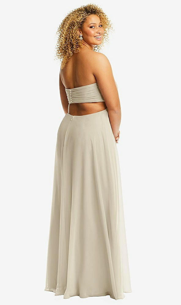 Back View - Champagne Strapless Empire Waist Cutout Maxi Dress with Covered Button Detail