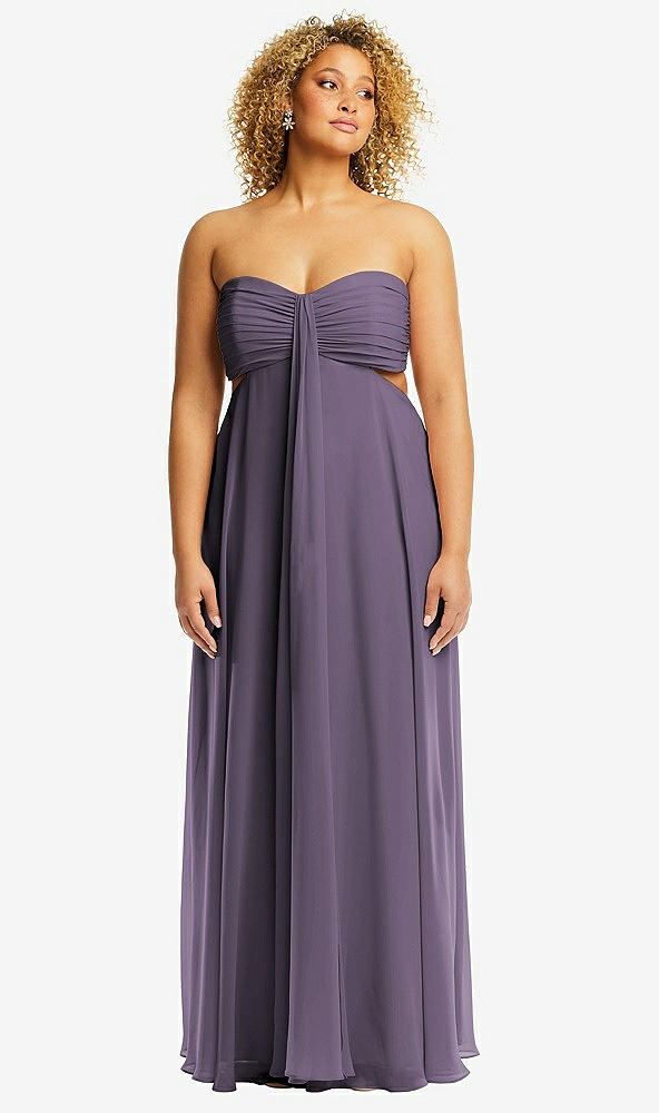 Front View - Lavender Strapless Empire Waist Cutout Maxi Dress with Covered Button Detail