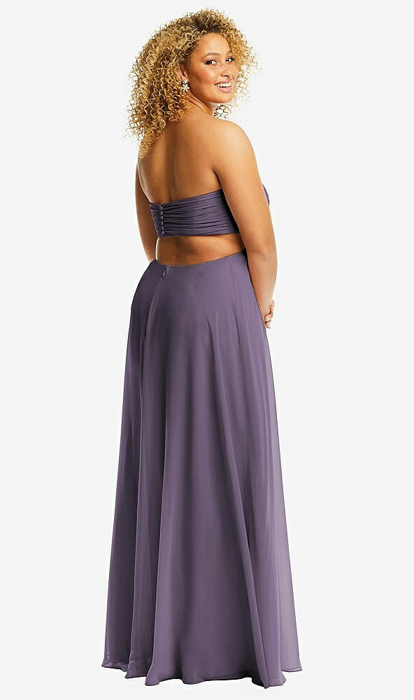 Back View - Lavender Strapless Empire Waist Cutout Maxi Dress with Covered Button Detail