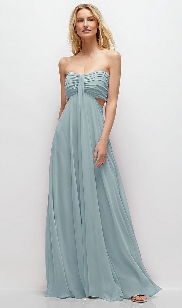 Front View - Morning Sky Strapless Empire Waist Cutout Maxi Dress with Covered Button Detail