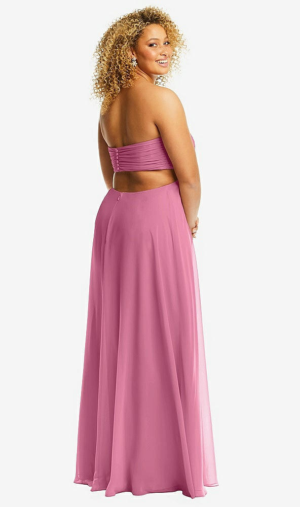 Back View - Orchid Pink Strapless Empire Waist Cutout Maxi Dress with Covered Button Detail