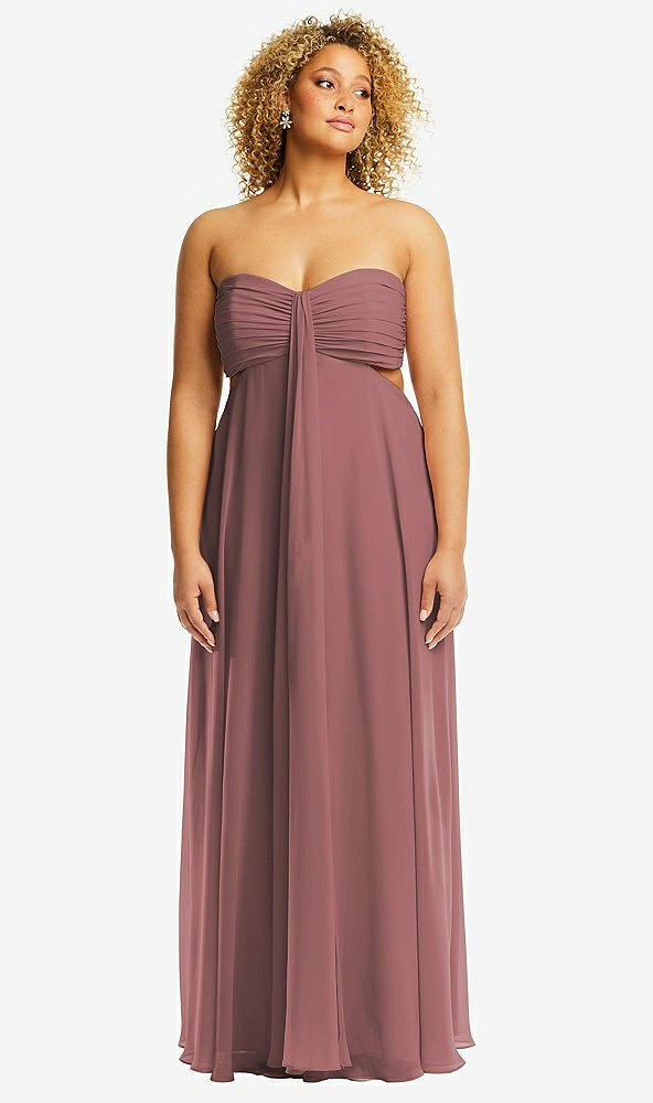 Front View - Rosewood Strapless Empire Waist Cutout Maxi Dress with Covered Button Detail
