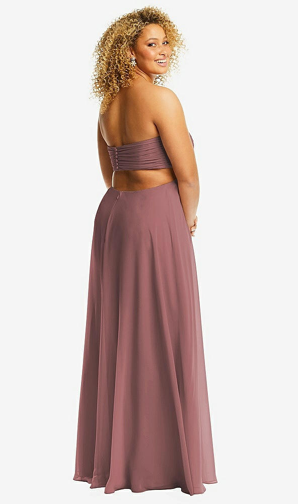 Back View - Rosewood Strapless Empire Waist Cutout Maxi Dress with Covered Button Detail