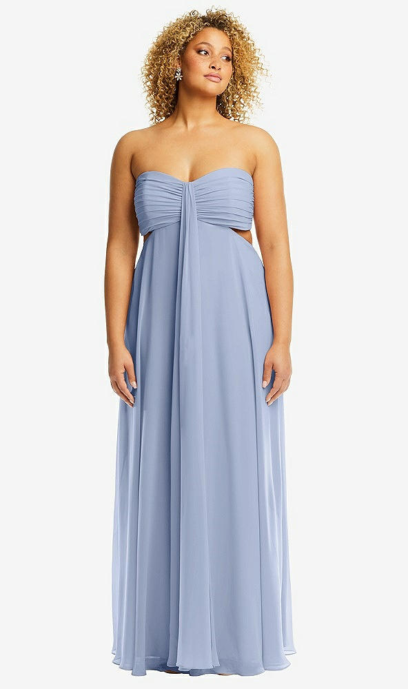 Front View - Sky Blue Strapless Empire Waist Cutout Maxi Dress with Covered Button Detail