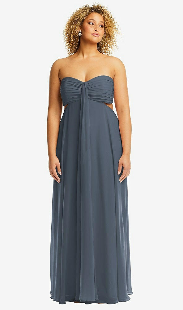 Front View - Silverstone Strapless Empire Waist Cutout Maxi Dress with Covered Button Detail