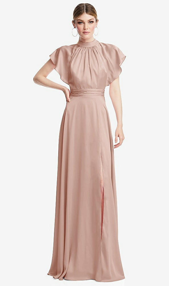 Front View - Toasted Sugar Shirred Stand Collar Flutter Sleeve Open-Back Maxi Dress with Sash