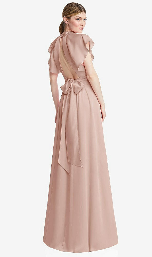 Back View - Toasted Sugar Shirred Stand Collar Flutter Sleeve Open-Back Maxi Dress with Sash