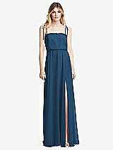 Front View Thumbnail - Dusk Blue Skinny Tie-Shoulder Ruffle-Trimmed Blouson Maxi Dress