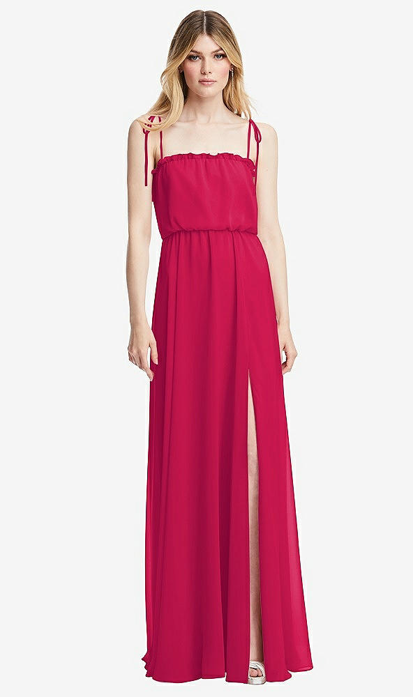 Front View - Vivid Pink Skinny Tie-Shoulder Ruffle-Trimmed Blouson Maxi Dress