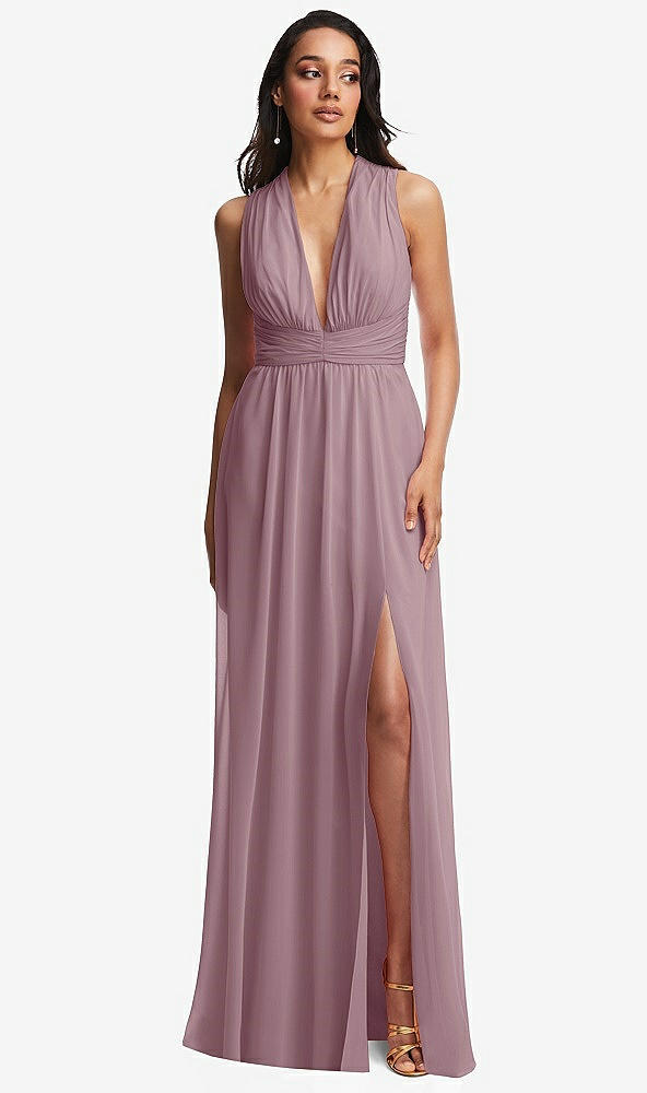Front View - Dusty Rose Shirred Deep Plunge Neck Closed Back Chiffon Maxi Dress 