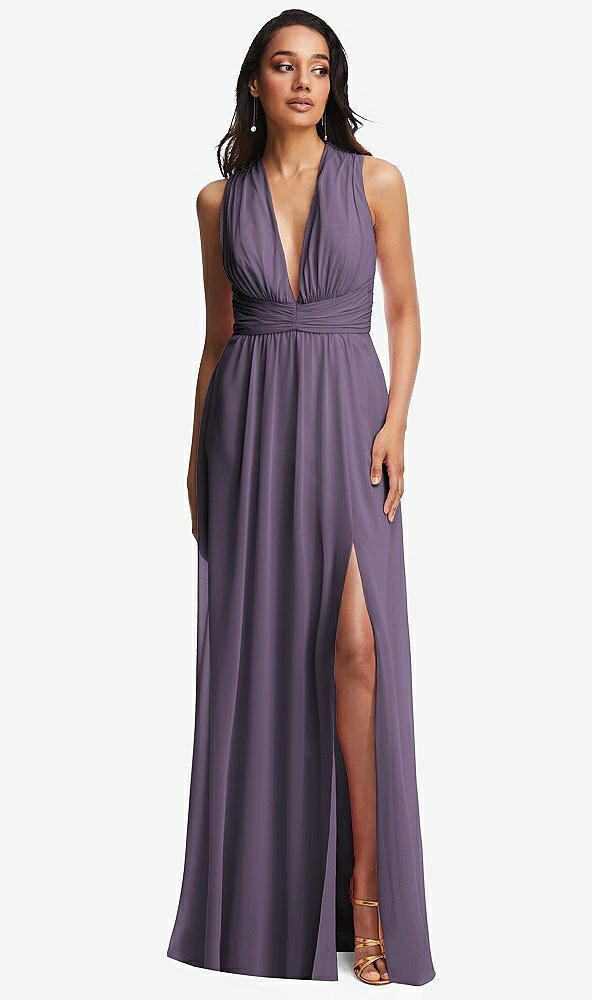 Front View - Lavender Shirred Deep Plunge Neck Closed Back Chiffon Maxi Dress 