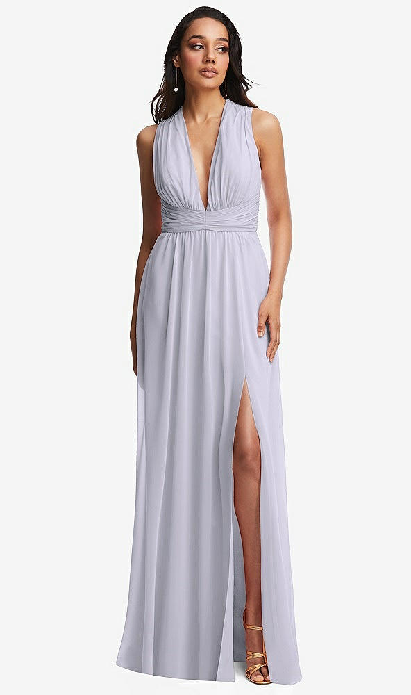 Front View - Silver Dove Shirred Deep Plunge Neck Closed Back Chiffon Maxi Dress 