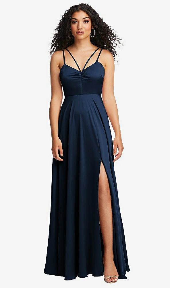 Front View - Midnight Navy Dual Strap V-Neck Lace-Up Open-Back Maxi Dress
