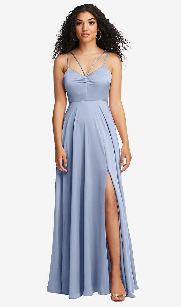Front View - Sky Blue Dual Strap V-Neck Lace-Up Open-Back Maxi Dress