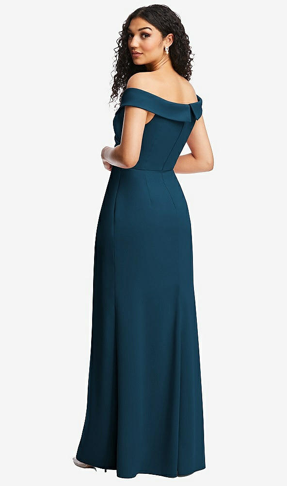 Back View - Atlantic Blue Cuffed Off-the-Shoulder Pleated Faux Wrap Maxi Dress