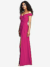 Side View Thumbnail - Think Pink Cuffed Off-the-Shoulder Pleated Faux Wrap Maxi Dress
