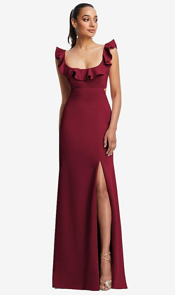 Front View - Burgundy Ruffle-Trimmed Neckline Cutout Tie-Back Trumpet Gown