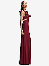Side View Thumbnail - Burgundy Ruffle-Trimmed Neckline Cutout Tie-Back Trumpet Gown
