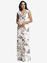 Front View Thumbnail - Butterfly Botanica Ivory Tiered Ruffle Plunge Neck Open-Back Maxi Dress with Deep Ruffle Skirt