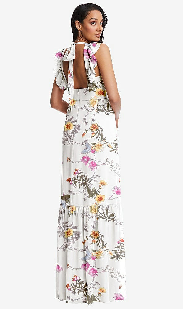Back View - Butterfly Botanica Ivory Tiered Ruffle Plunge Neck Open-Back Maxi Dress with Deep Ruffle Skirt