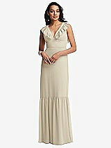Front View Thumbnail - Champagne Tiered Ruffle Plunge Neck Open-Back Maxi Dress with Deep Ruffle Skirt