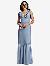 Front View Thumbnail - Cloudy Tiered Ruffle Plunge Neck Open-Back Maxi Dress with Deep Ruffle Skirt
