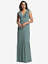 Front View Thumbnail - Icelandic Tiered Ruffle Plunge Neck Open-Back Maxi Dress with Deep Ruffle Skirt