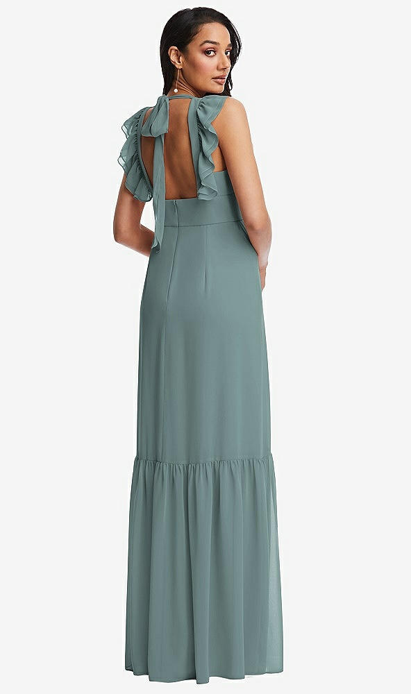 Back View - Icelandic Tiered Ruffle Plunge Neck Open-Back Maxi Dress with Deep Ruffle Skirt