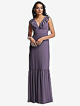 Front View Thumbnail - Lavender Tiered Ruffle Plunge Neck Open-Back Maxi Dress with Deep Ruffle Skirt