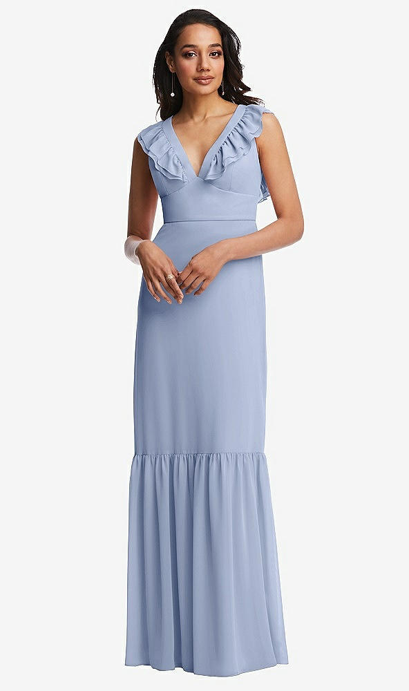 Front View - Sky Blue Tiered Ruffle Plunge Neck Open-Back Maxi Dress with Deep Ruffle Skirt