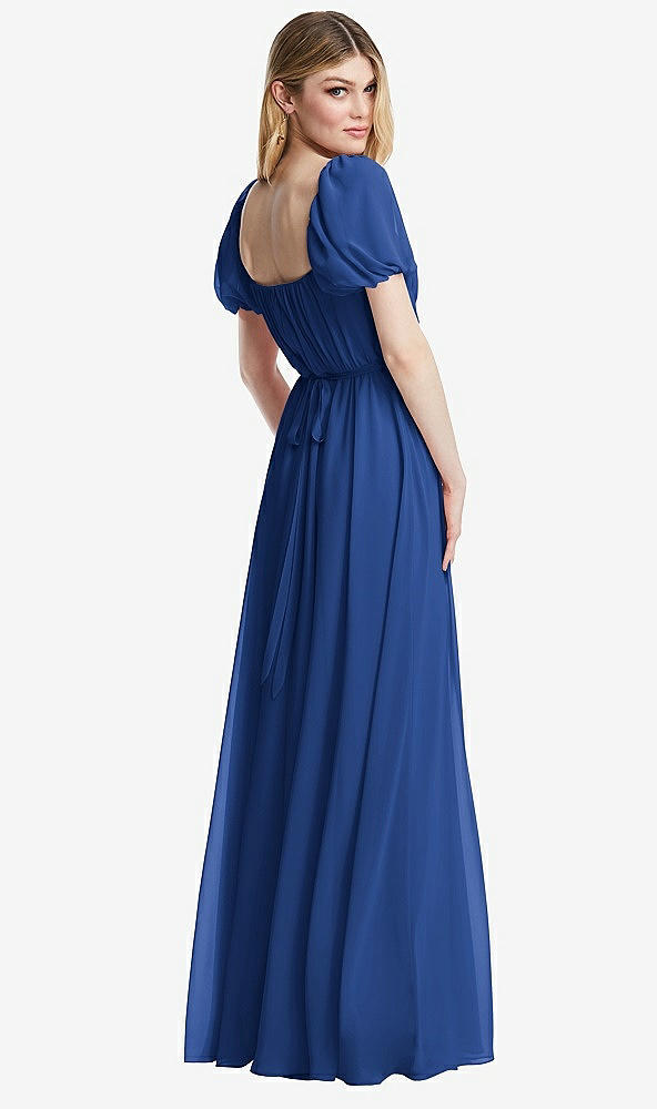 Back View - Classic Blue Regency Empire Waist Puff Sleeve Chiffon Maxi Dress