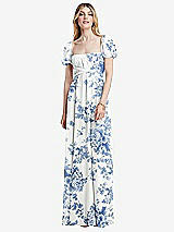 Front View Thumbnail - Cottage Rose Dusk Blue Regency Empire Waist Puff Sleeve Chiffon Maxi Dress