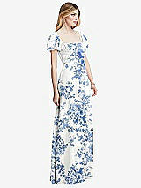 Side View Thumbnail - Cottage Rose Dusk Blue Regency Empire Waist Puff Sleeve Chiffon Maxi Dress