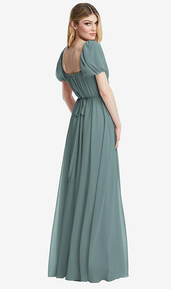 Back View - Icelandic Regency Empire Waist Puff Sleeve Chiffon Maxi Dress