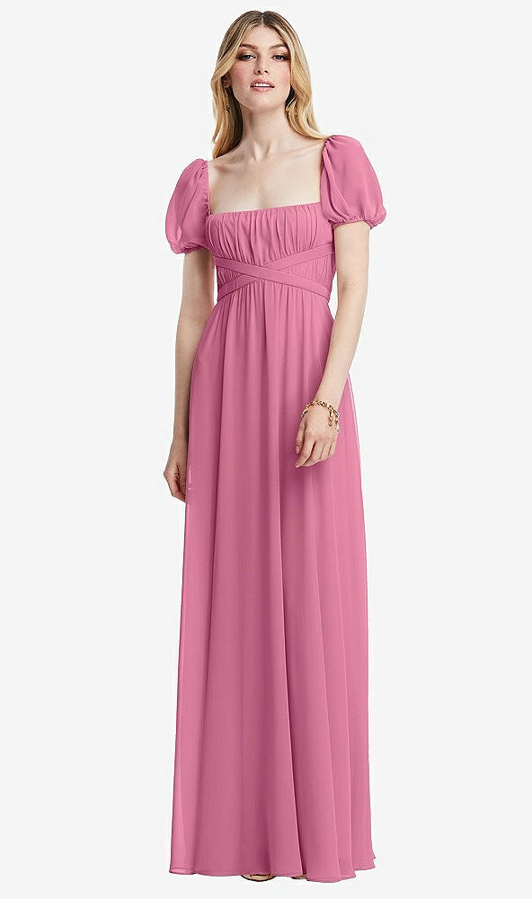Front View - Orchid Pink Regency Empire Waist Puff Sleeve Chiffon Maxi Dress