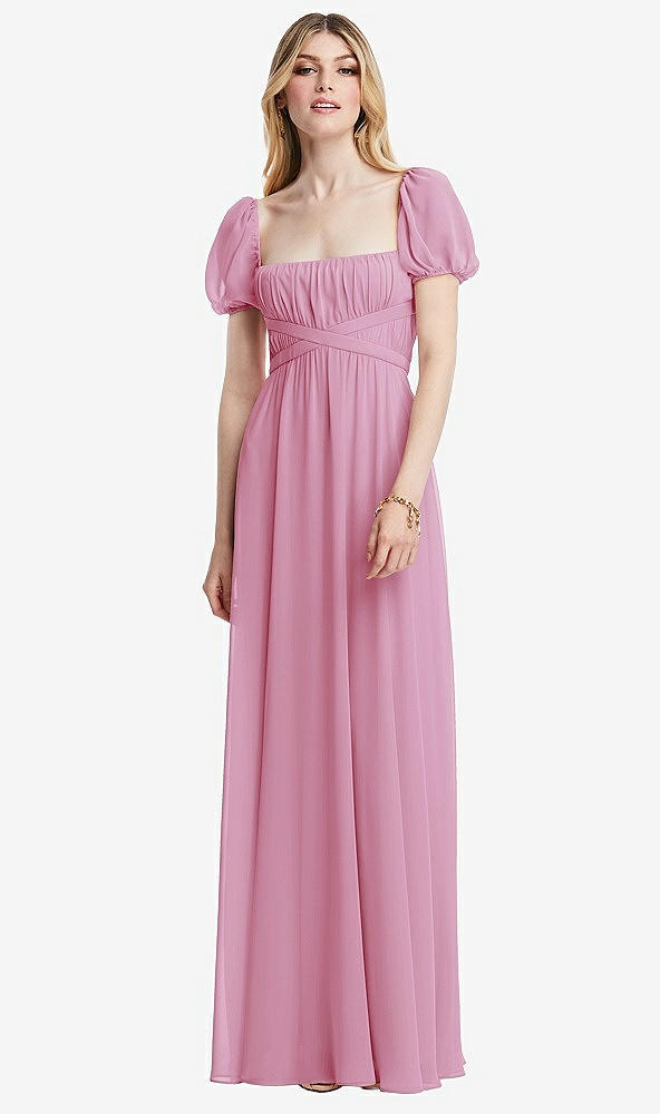 Front View - Powder Pink Regency Empire Waist Puff Sleeve Chiffon Maxi Dress