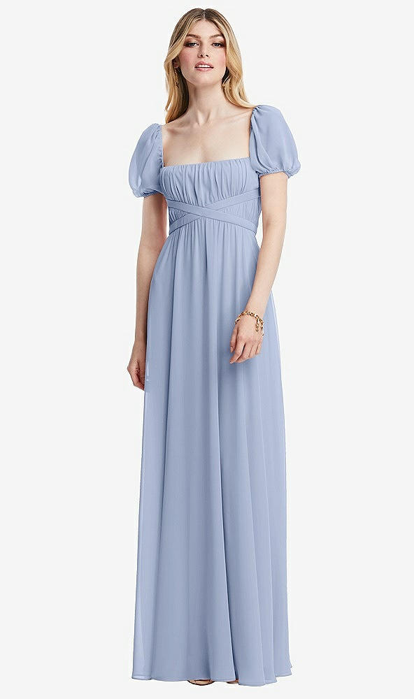 Front View - Sky Blue Regency Empire Waist Puff Sleeve Chiffon Maxi Dress
