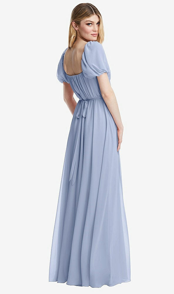 Back View - Sky Blue Regency Empire Waist Puff Sleeve Chiffon Maxi Dress
