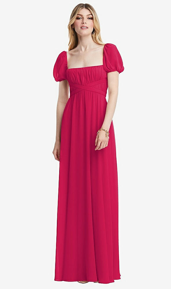 Front View - Vivid Pink Regency Empire Waist Puff Sleeve Chiffon Maxi Dress