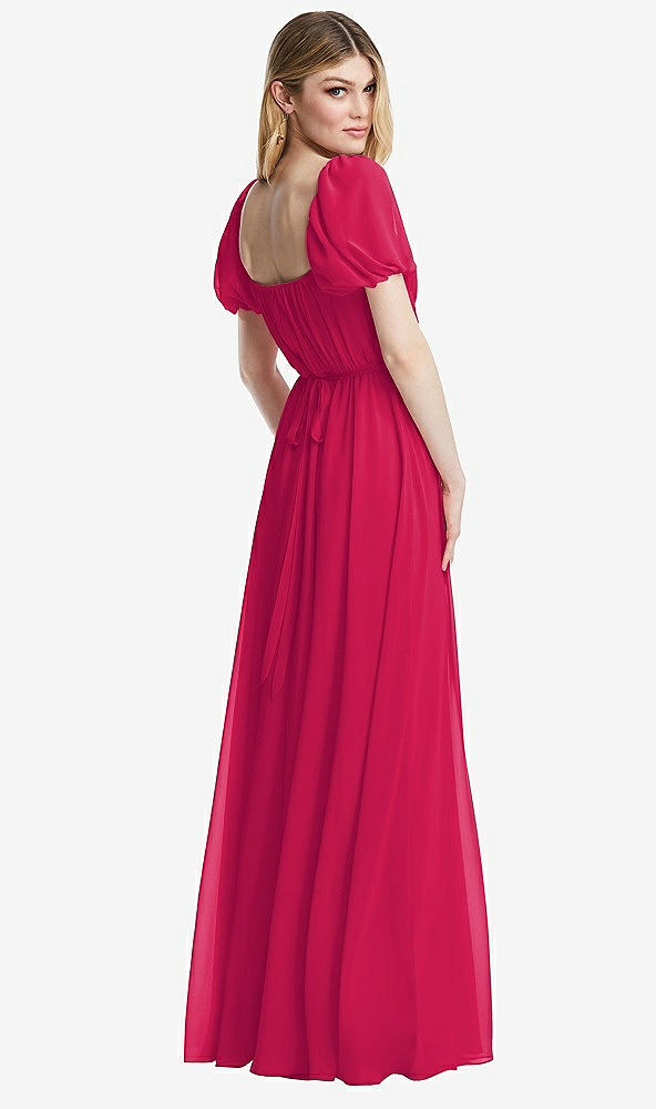 Back View - Vivid Pink Regency Empire Waist Puff Sleeve Chiffon Maxi Dress