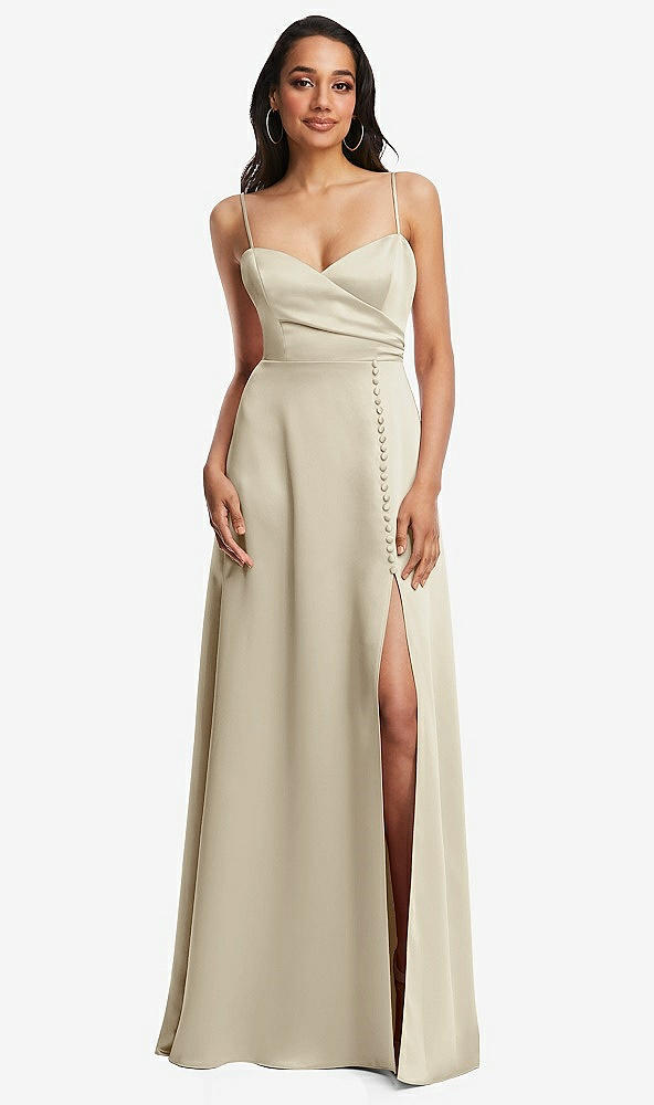 Front View - Champagne Adjustable Strap Faux Wrap Maxi Dress with Covered Button Details