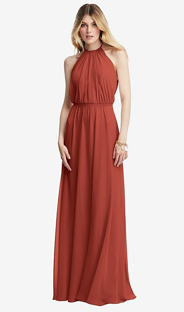Front View - Amber Sunset Illusion Back Halter Maxi Dress with Covered Button Detail