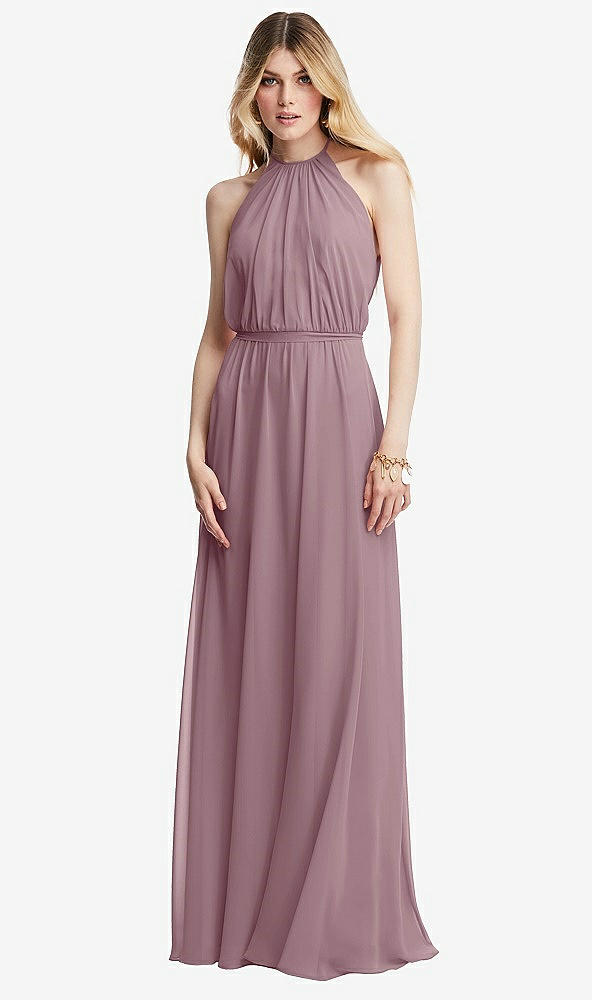 Front View - Dusty Rose Illusion Back Halter Maxi Dress with Covered Button Detail