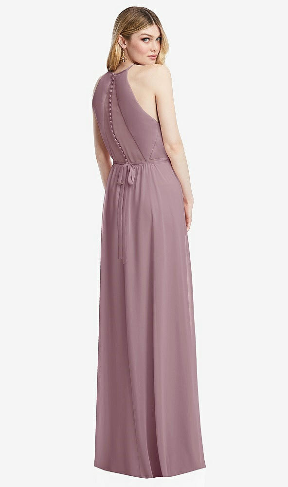 Back View - Dusty Rose Illusion Back Halter Maxi Dress with Covered Button Detail