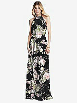 Front View Thumbnail - Noir Garden Illusion Back Halter Maxi Dress with Covered Button Detail